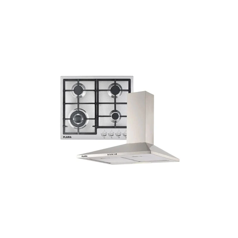 FLAMA Gas Hob with Integrated Extractor Fan, 4 Stainless Steel Burners