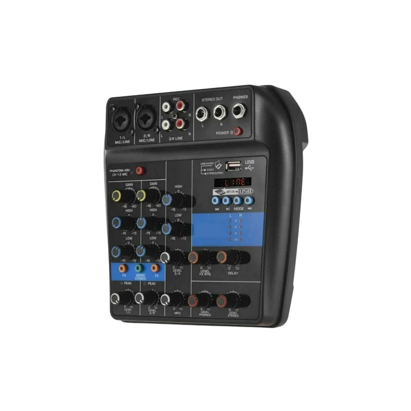 Mixer Audio 4 Canali, Professionale, Supporto Microfono, USB, BT, MP3, DJ Karaoke