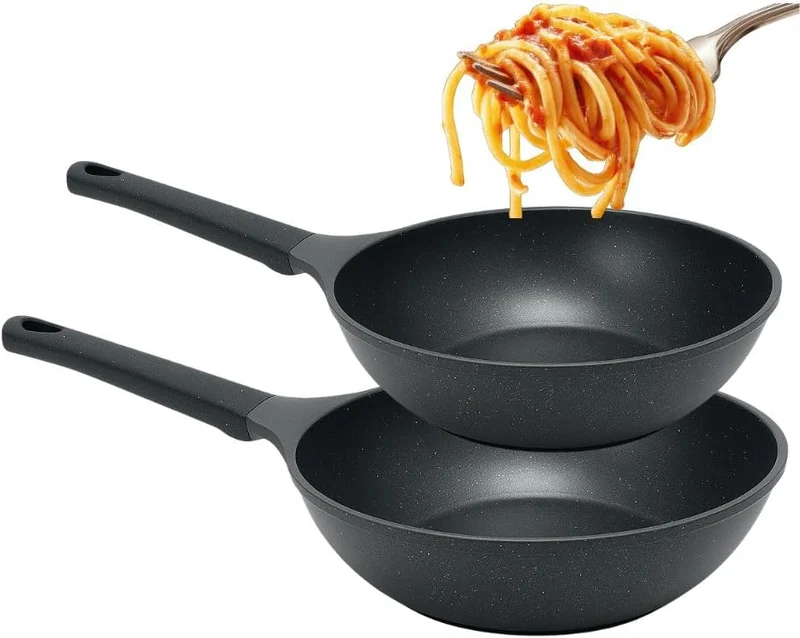 Cecaro Group - Set 2 Wok in Pietra Antiaderente Ø28 e Ø30 cm PFOA Free Nero
