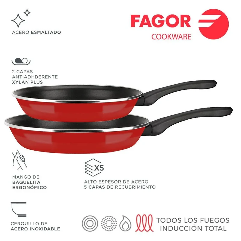 Conjunto de frigideiras FAGOR OPTIMAX Ø20 Ø24 vermelho fosco