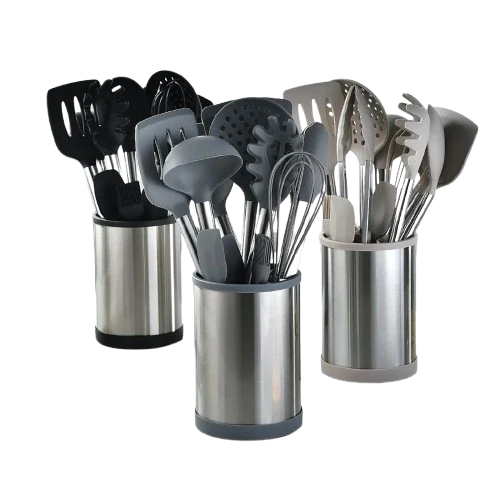 Set 12 Utensili Cucina Silicone e Acciaio Antiaderente con Porta Posate Girevole
