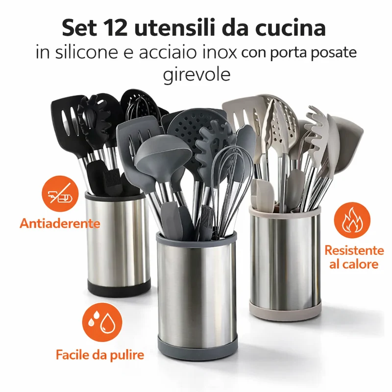 Set 12 Utensili Cucina Silicone e Acciaio Antiaderente con Porta Posate Girevole