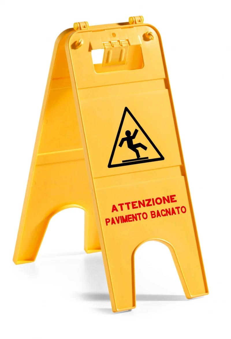 SEGNALE IN PLASTICA DI AVVISO PAVIMENTO BAGNATO A DUE ANTE (H CM.57)