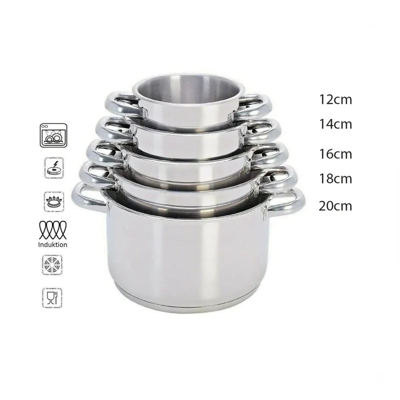Bavaria Set 5 Casseruole Acciaio Inox Triplo Fondo 12-20 cm a Induzione