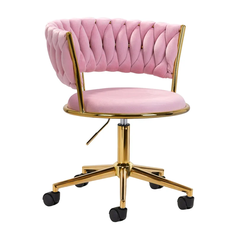Poltrona Girevole Velvet con Schienale Intrecciato e Base Gold | QS-GW01G (Rosa)