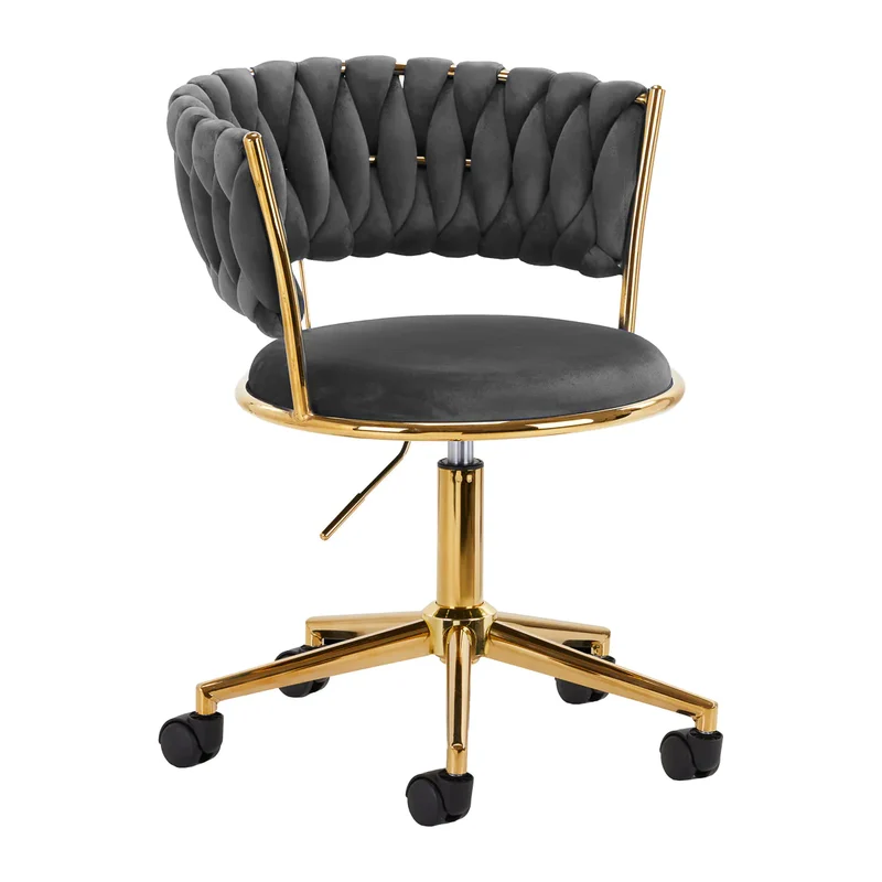 Sedia Girevole in Velluto con Schienale Intrecciato e Base Oro | QS-GW01G (Grigio)