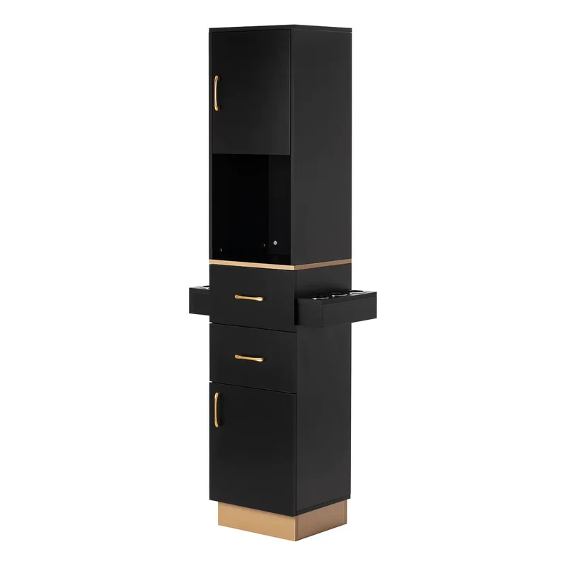 Postazione Parrucchiere Professionale Ergonomica con Cassetti e Ripiani | TOTEM (Nero-Oro)