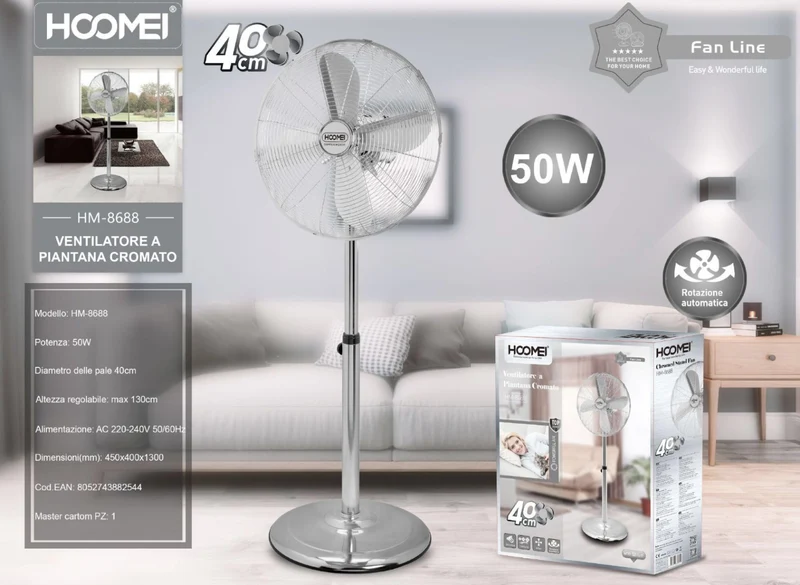 HOOMEI ventilatore cromato a piantana 50W