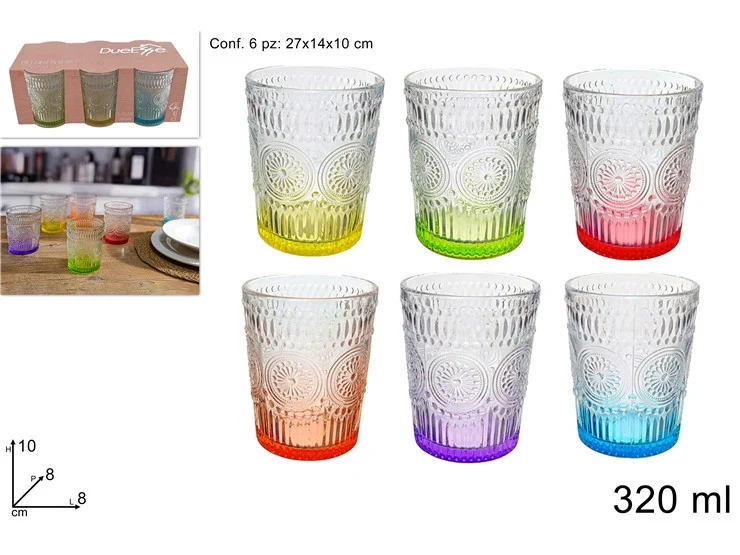 BICCHIERI VETRO 320ML DECORATO SET 6 PEZZI COLORATI