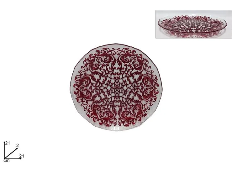 Piatto vetro decoro damasco rosso 21cm