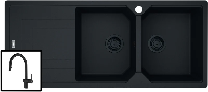 Franke Urban Sink and Active Pull-Out Matt Black Tap, Left Hand Drainer