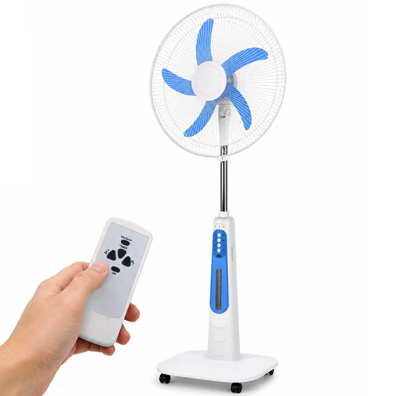 Ventilatore a Piantana Ricaricabile Ø45 cm con Telecomando e 4 Velocità 55W con Ruote Bianco e Blu