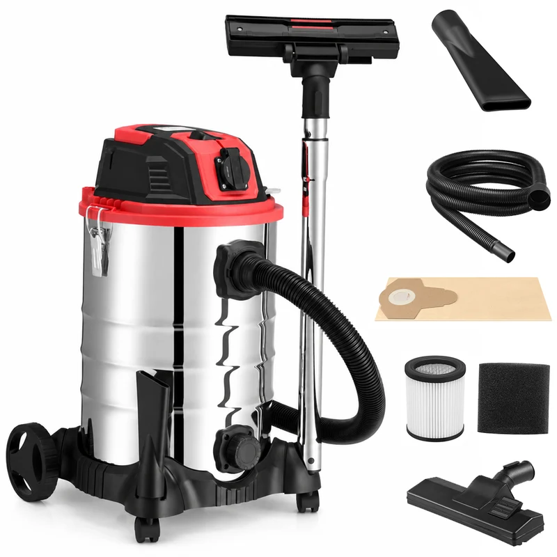 Aspiratore Solidi e Liquidi da 30 L 1200 W con Filtro HEPA e Soffiante in Acciaio Argento e Rosso