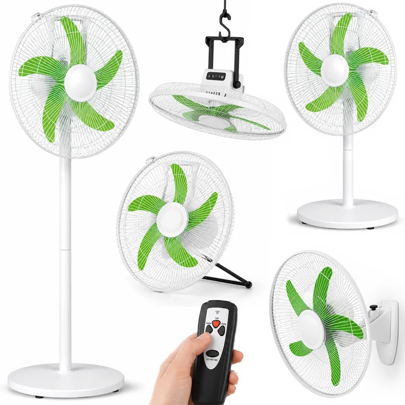 Ventilatore Ricaricabile 5 in 1 Installazione Parete Appoggio Piantana Soffitto con Telecomando Bianco e Verde