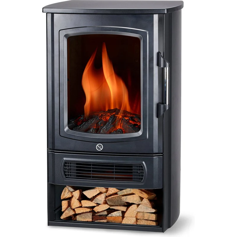 Stufa Elettrica da Pavimento 2000 W con Riscaldamento Effetto Fiamma LED e Termostato in Metallo Nero
