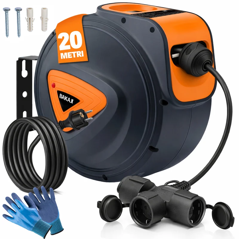 Avvolgicavo Elettrico 20 Metri Rotante a 180° con Multipresa a 3 Teste e Guanti