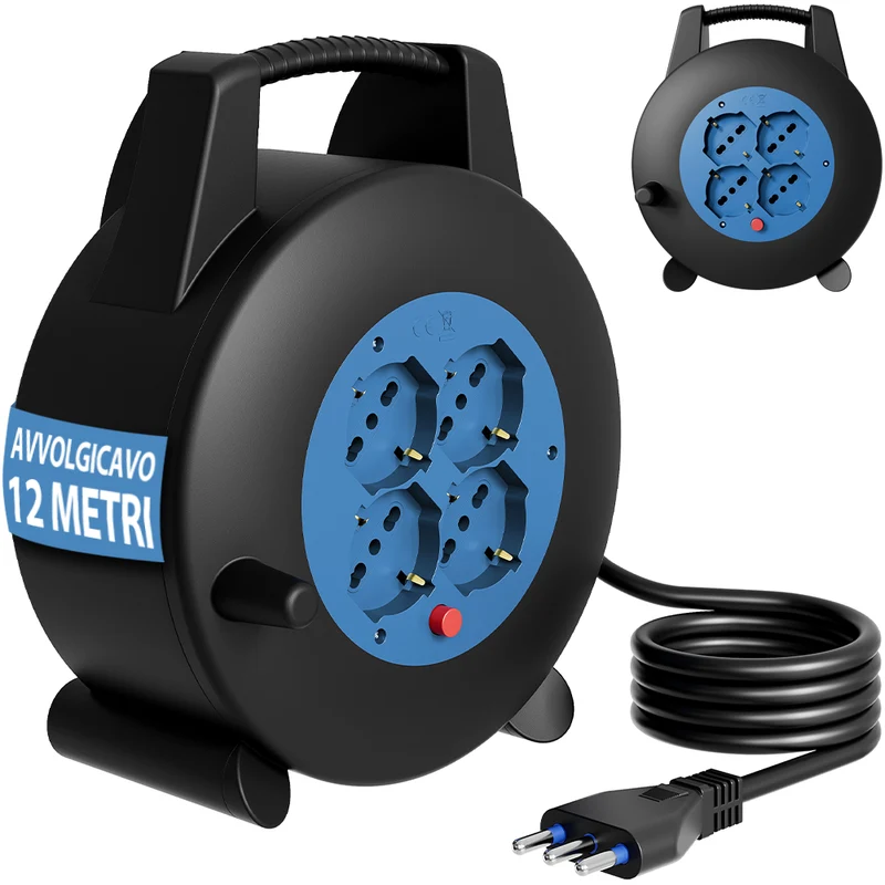 Avvolgicavo Multipresa 12 Metri con Interruttore di Protezione Prolunga e 4 Prese Nero e Blu
