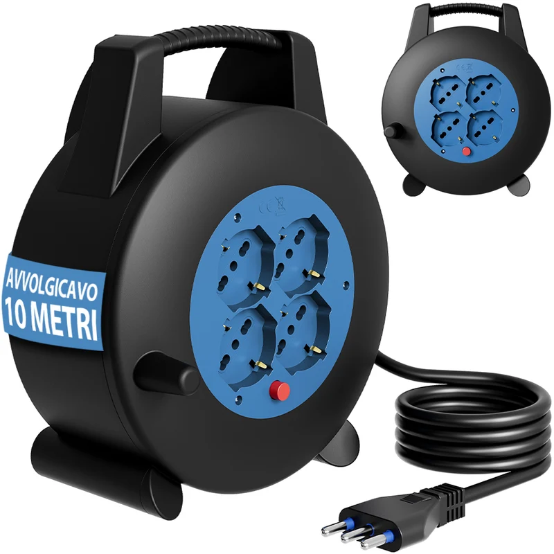 Avvolgicavo Multipresa 10 Metri con Interruttore di Protezione Prolunga e 4 Prese Nero e Blu