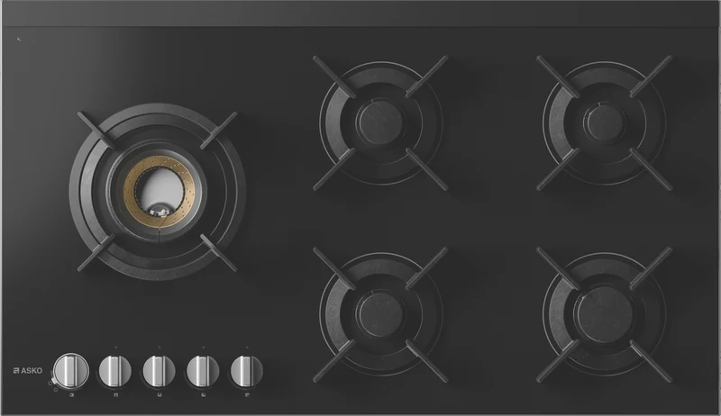 ASKO 90cm 5 Burner Gas on Glass Volcano Cooktop - Black