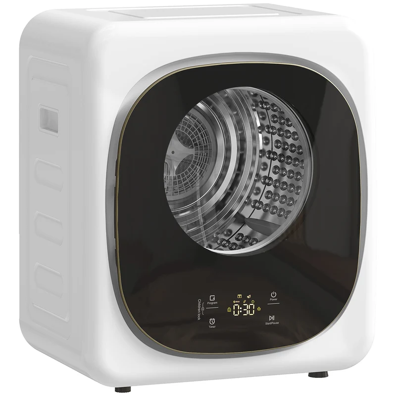 Mini Asciugatrice Portatile 48x43x57 cm Capienza 4 kg 5 Programmi 800W Fino 60℃ Timer Tamburo in Acciaio Inox Bianco