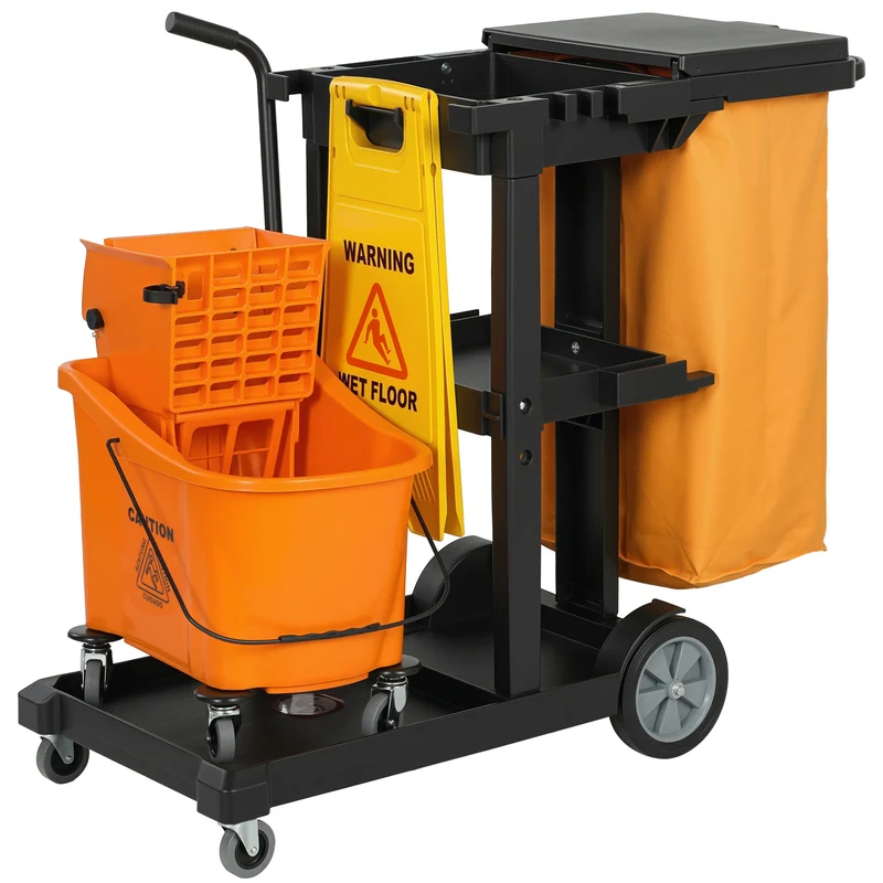 Carrello Pulizie 122x46,5x101 cm Ruote 3 Ripiani Sacco 70L Secchio con Strizzatore in PP HDPE Arancione