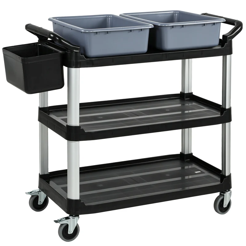 Carrello Pulizie Professionale 115x50x100 cm a 3 Ripiani con 2 Contenitori Rimovibili Bidone Laterale e 4 Ruote in PP Nero