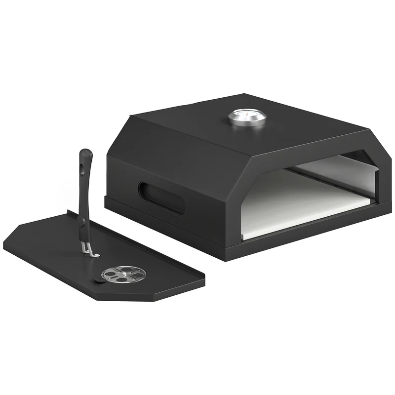 Mini Forno per Pizza da Barbecue 53x40x18,5 cm con Pietra in Cordierite e Termometro in Metallo Nero