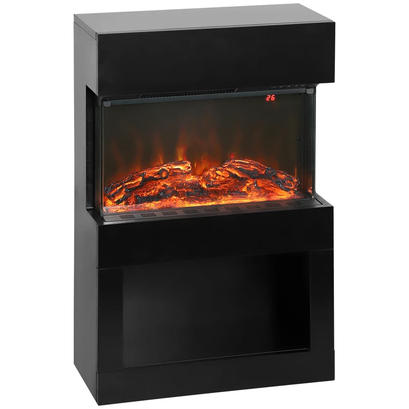 Camino Elettrico da Pavimento con Effetto Fiamma 3D Colorata 1000W/2000W con Temperatura Regolabile e Telecomando Nero