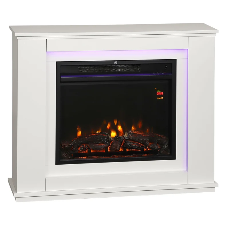 Camino Elettrico da Pavimento 98x25x80 cm con Fiamma a 12 Colori e 5 Luminosità Telecomando e Timer Bianco e Nero