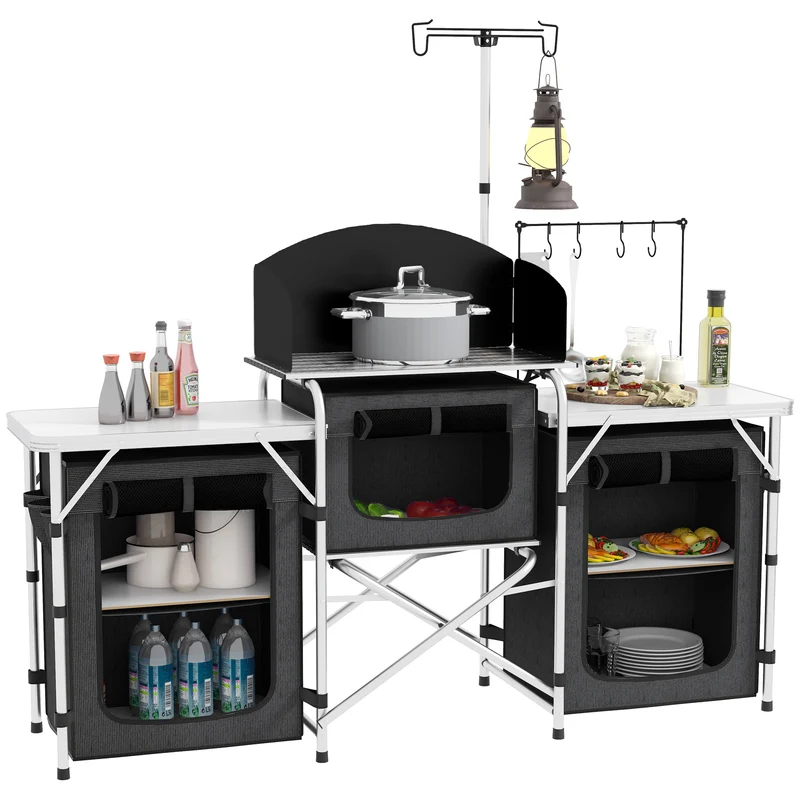 Cucina da Campeggio Pieghevole 172x48x119 cm con Ripiani e Ganci Nero