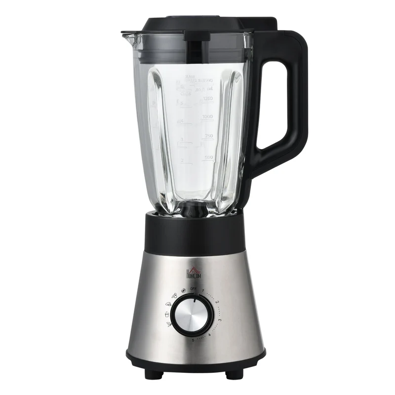 Frullatore Elettrico 1000W Bicchiere 1,5 Litri in Vetro Nero e Argento